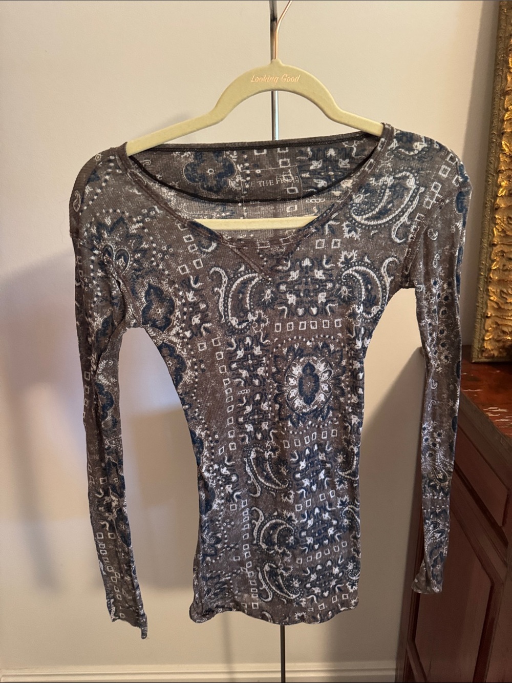 We The Free Brown, white and Blue Paisley Print Sheer Stretch Shirt.